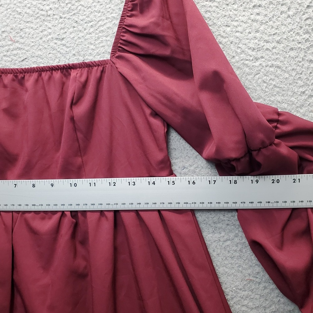 Exlura Dress Womens Medium Burgundy Balloon Sleeve Square Neck Smocked Back Zip - Picture 4 of 11